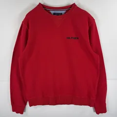 古着 トミーヒルフィガー TOMMY HILFIGER スウェット トレーナー クルーネック ワンポイントロゴ刺繍 前V 大きいサイズ XL  レッド メンズ