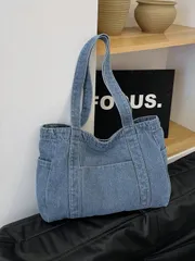 バッグ レディース トートバッグ 高品質ブルーショルダートートバッグ 1個、大容量 キャンバス 仕事/カジュアルバッグ、シンプルで多用途な女性用ハンドバッグ