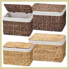 『ウォーターヒヤシンス』（２Ｐセット）蓋・布付きの四角タイプ収納（Ａ）／（１種選択／２種類）　※ボックス,和室,小物入れ,かご,アジアン雑貨,バスケット,収納,ケース,箱,藤,籐,リーズナブル,布,セット,蓋,ふた,茶色,天然素材