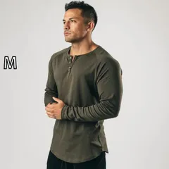 [M]メンズ ファッション 服 男性用 オシャレ シンプル 大人 かっこいい ストリート ヘンリーネック シャツ 長袖 T アメリカン ヘビー コットンストレッチ 薄手 Vネック フィットネス スポーツ レイヤリング 