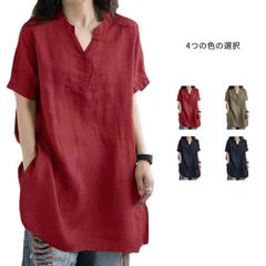 チュニック レディース 半袖 tシャツ ロングシャツ トップス ｖネック 膝丈 チュニックワンピース 夏 薄手 リネン 涼しい Tシャツ プルオー