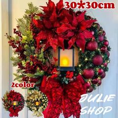 新品未使用 クリスマスガーランド クリスマスリースnew 大きいオーナメント 飾り30cm*30cm LEDライト玄関リース DIY ガーデン装飾籐 松の葉 人工のもみの葉