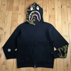 1st camo green × NAVY 袖切り替え シャーク パーカー Mサイズ shark full zip hoodie a bathing ape BAPE エイプ ベイプ 迷彩