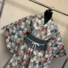和洋折衷コーデセット｜着物ワンピース　モダン柄 カジュアル 着物 アレンジ ウール着物  ユニーク柄 モード系 レトロ 個性派 和洋ミックス 幾何学模様　2点セット