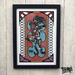 尾九 刺青画 鯉の和彫り 黒豹 大入り袋 イラスト A4サイズ フレーム付き