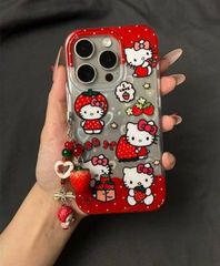 スマホケース　キティーちゃん　いちご　ストラップ付き　レッド　透明　iPhone対応　アイフォンケース　iPhone16pro/16promax15/14/14/14/13/12/11　可愛いケース　海外限定　新品未使用