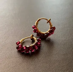 天然石 ガーネット2連ゴールドフープイヤリングK18GP アレルギー対応