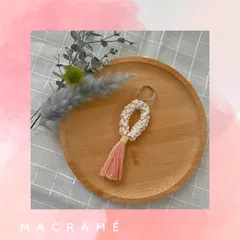 マクラメ 花キーホルダー ピンク
