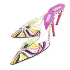 エミリオプッチ EMILIO PUCCI ピンヒールミュール ハイヒール ポインテッドトゥ サテン スエード チェーン プッチ柄 総柄 ロゴ 38 24.5cm 紫 パープル /CK27 ■GY18のサムネイル
