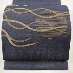 開き名古屋帯 秀品 夏帯 丸 幾何学模様 金糸 箔 青灰色 正絹 【中古】