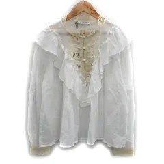 ザラ ZARA シャツ ブラウン 長袖 レース 刺繍 フリル シアー M 白 ホワイト ベージュ /SM30