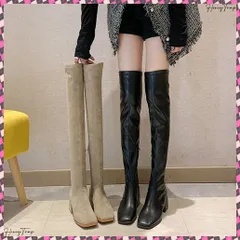 送料無料 ニーハイブーツ スクエアトゥ 美脚ブーツ レディース ローヒール ロングブーツ おしゃれ サイドジップ サイハイブーツ チャンキーヒール 歩きやすい PUレザー ジョッキーブーツ 太ヒールブーツ大人 韓国靴 スエード調