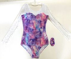 US14サイズ/Poly Unicorn ファンタジーカラーロングスリーブ 長袖レオタードシュシュ付　ツルスベ メタリック キラキラ ラインストーン