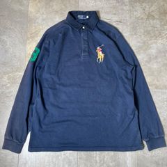 【90s】Polo by Ralph Lauren  ポロシャツ  XL size  ネイビー  紺色  ポロラルフローレン  長袖  刺繍ロゴ  フェード  希少デザイン  ビッグポニー  古着