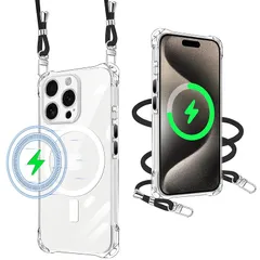 iPhone 16 Pro 用 ケース クリア Magsafe対応 マグネット搭載 ショルダー ストラップ付 携帯カバー 耐衝撃 全面保護 アイフォン16 Pro 用 スマホケース 紐付き 肩がけ 首掛け 縄掛けケース TPU 薄型 軽量 き調節可能 取り 1