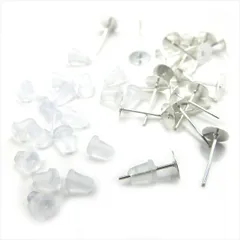 V-027 平皿ピアスピン 6mm & 樹脂ピアスキャッチ 6mmセット【ホワイトシルバー】各20個 10組 貼り付け ポストピアス ピアスピン シリコンキャッチ バックキャッチ メタル 金属 ハンドメイドアクセサリーパーツ