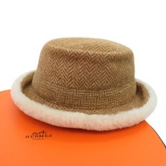 【未使用】HERMES エルメス ムートン カシミヤ混 ツイード バケット ハット 57 純正ケース・保存袋付き ヘリンボーン 47275