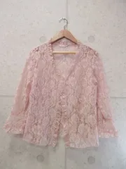 L'EST ROSE レストローズ カーディガン 前開き 透け素材 七分袖 フリル 総レース 花 ピンク Mサイズ