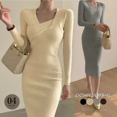 ワンピース リブ ニット タイト Vネック 変形クロスデザイン バックスリット入