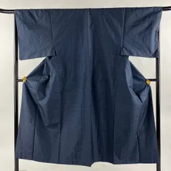 男着物 身丈148cm 裄丈67.5cm L 袷 紬 アンサンブル 幾何学模様 紺色 正絹 優品 【中古】