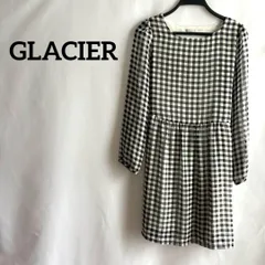 GLACIER長袖ワンピースギンガムチェック柄黒ブラック白ホワイトフレアリボンM