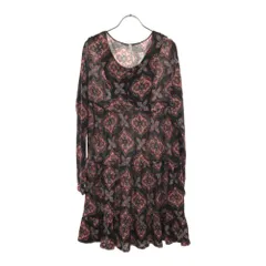 スナオクワハラ 日本製 ウール100% 総柄 長袖 膝丈ワンピース M ブラック系 sunaokuwahara フリル レディース 古着 【240504】