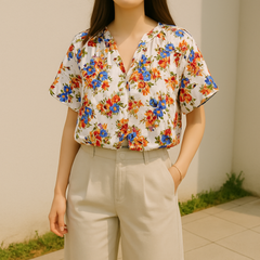 【爽やか花柄シャツ🌸】GLOBAL WORK＊グローバルワーク＊スリットネック半袖トップス／ゆったりめのSサイズ／半袖ブラウス／白×花柄×マルチカラー✨