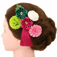 髪飾り 成人式 振袖 浴衣 卒業式 袴 結婚式 4点セット ピンク 緑 白  花 和 洋 かんざし 手作り 簪 つまみ細工 ちりめんフォーマル 花飾り 玉飾り ブライダル W 36 303-202 ピンク 緑 p721　Si