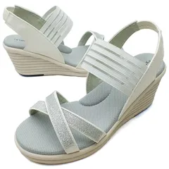 REFRESH WALK リフレッシュウォーク サンダル ホワイト ウェッジソール 3E 幅広設計 チュール ラメ クロスベルト バックストラップ 軽量 防滑 快適 美脚 夏 レディース