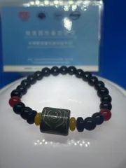 三眼天珠 隕石緑瑪瑙16*15mm黒曜石鑑定書付き ブレスレット1677-3/7