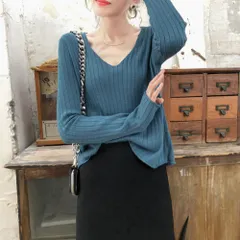 ☆ ブルー ☆ ベーシック リブVネックニットトップス ニット レディース 長袖 セーター ニットセーター ニットトップス リブニット インナー Vネック ブイネック 冬 秋冬 おしゃれ シンプル 無地 オシャレ 大人可愛い 通勤 オフィス