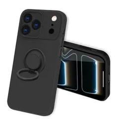 bjnosdv iPhone 17 Pro 用の ケース リング付き シリコン 耐衝撃 アイフォン17 Pro 用の リング カバー 360°回転 スタンド機能 リングの機能 車載ホルダー対応 レンズ保護 指紋防止 薄型 ストラップホール付き（ブラック）