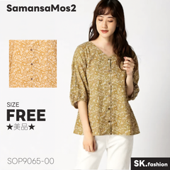 ★美品★ SamansaMos2 サマンサモスモス トップス　ブラウス　七分袖　花柄　Vネック　綿100％ 　イエロー　 【SOP9065-00】 送料無料　古着　レディース