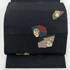 ☆ 名古屋帯 梟 枝葉にとまるフクロウ 黒色 縮緬 O-4152 名古屋帯 九寸 京都 しょうざん 高級 正絹 グレー 梟 ふくろう