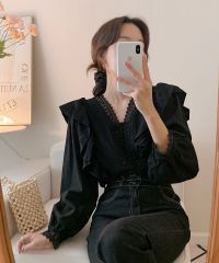 レディース春服　レースデザイン袖フリルパフスリーブ ブラウス