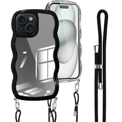 iPhone 15 ケース クリア ショルダー カバー 首掛け 肩がけ 斜めかけ 紐付き ストラップ付き iphone15 ケース 韓国 可愛い かわいい 透明 薄型 軽量 耐衝撃 シリコン TPU バンパー アイフォン 15 スマホケース ブラック 0