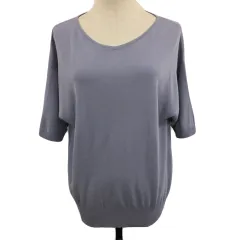 グローバルワーク GLOBAL WORK カットソー ニット Vネック プルオーバー 無地 リブ 五分袖 M 水色 グレー ライトブルー