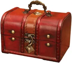 sugarello 宝箱 小物入れ 収納ボックス ジュエリー箱 レトロ宝箱 アンティーク 宝石箱 ジュエリーボックス トレジャーボックス 木製 木箱 小型 貯金箱 インテリア 暗赤色(シンプル,  コンパクト)