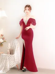 レッド [AR24336-R-2407]【Angel R/エンジェルアール】フラワービジュー/ レースオフショルダー / パール/ タイト/ ロングドレス/ キャバドレス/ ローブドフルールグロッシー