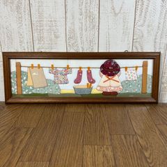 きめこみパッチワーク風景画 女の子　お洗濯風景　完成品