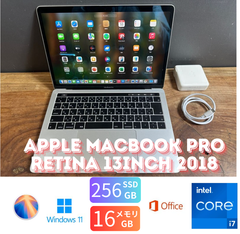 「美品新品バッテリー」Apple MacBook PRO Retina 13inch 2018/CPUi7 2.7GHZ/16GB/SSD256GB/Windows11/office2024/CJ312
