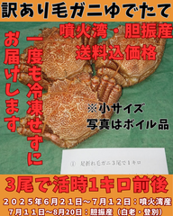 ゆでたて 訳あり毛ガニ３尾で１キロ前後活時計量　冷蔵便
