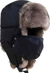 aspersio アスペルシオ 飛行帽 防寒 防風 ファー マスク付き 帽子 柔らかい モコモコ パイロットハット メンズ レトロ 暖かい 裏起毛 ミリタリー オシャレ カッコイイ 紳士 ファッション(シャギーブラック,  Free Size)