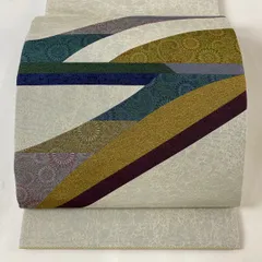 袋帯 美品 名品 人間国宝 六谷梅軒 落款 古代菊 笠松 銀通し 裂嵌め 灰白 お太鼓柄 正絹 【中古】