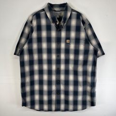 古着 カーハート Carhartt 半袖シャツ オンブレ チェック ワンポイント ロゴ 肉厚 L  ネイビー チェック メンズ