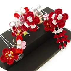 七五三 髪飾り 三歳 七歳 日本髪 つまみ細工 赤 花 2個セット 蝶 蝶々 かんざし ちりめん ビラ お正月 髪型 ヘアスタイル ヘア No.9-4156