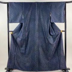 小紋 身丈161.5cm 裄丈65cm M 袷 錦秀漢方 菅原工房 証紙 花 備長炭染 濃紺 正絹 美品 逸品 【中古】