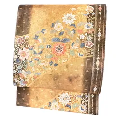 中古 袋帯 正絹 リサイクル 唐織 金地 ブラック 黒 茶 金 白 青 赤 花唐草 唐花 更紗 光彩箔 お洒落 シック 結婚式 礼装用 フォ No.6-1352