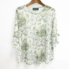 #a バラ色の暮し カットソー 七分袖 M オフホワイト 緑 マルチ パワーネット シースルー 総柄 オリジナルプリント リボン 美品 939011 k01