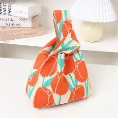 ☆ オレンジチューリップ02×ベージュ ☆ トートバッグ ニット yknitbag5125 トートバッグ ニット サブバッグ ニットトート ニットバッグ ニットバック サマーニット サブバック トートバック 小さめ ミニ ミニバッグ トート 手提げ